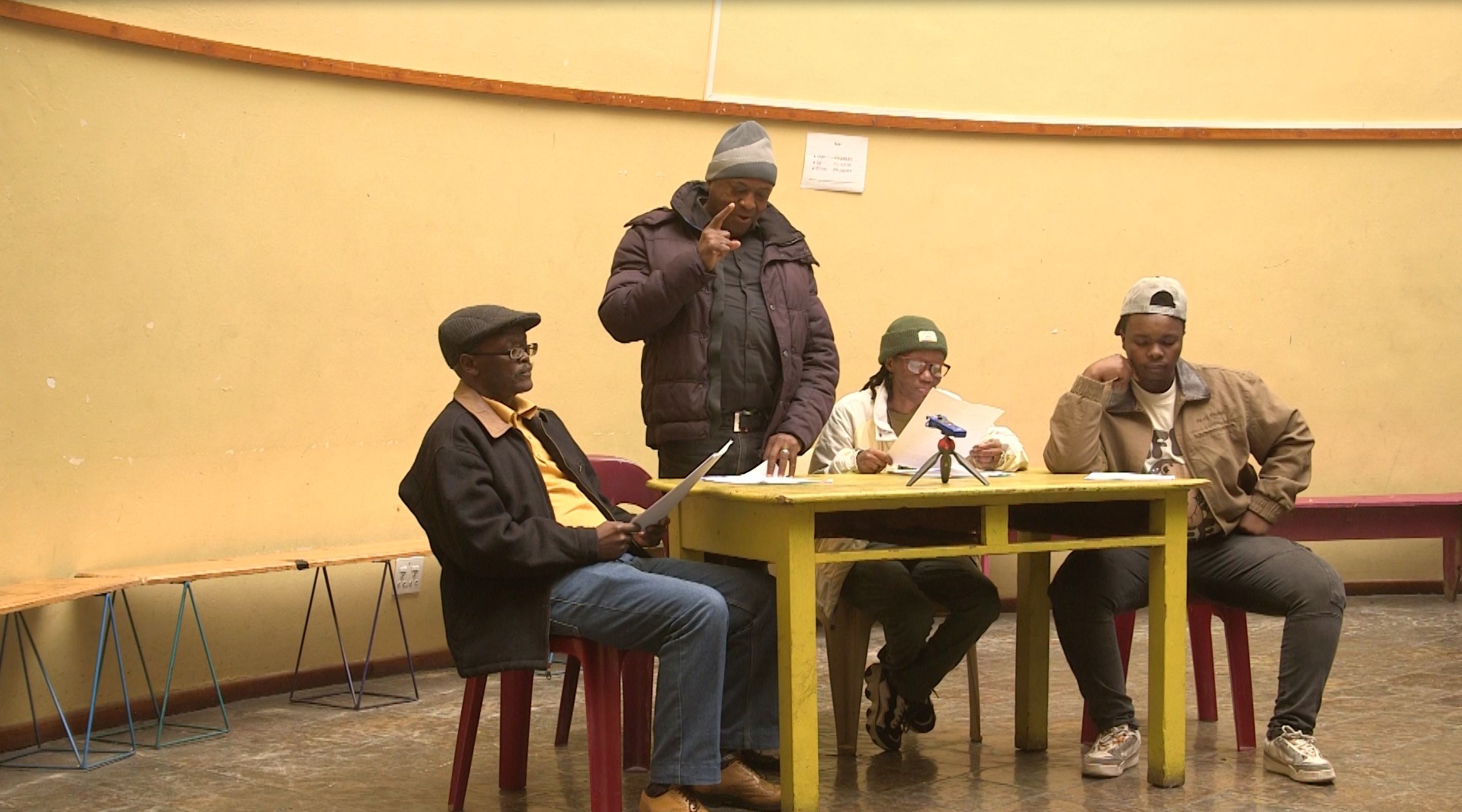 Actors of the Siyasanga Theatre Company preform a play during a workshop for school learners